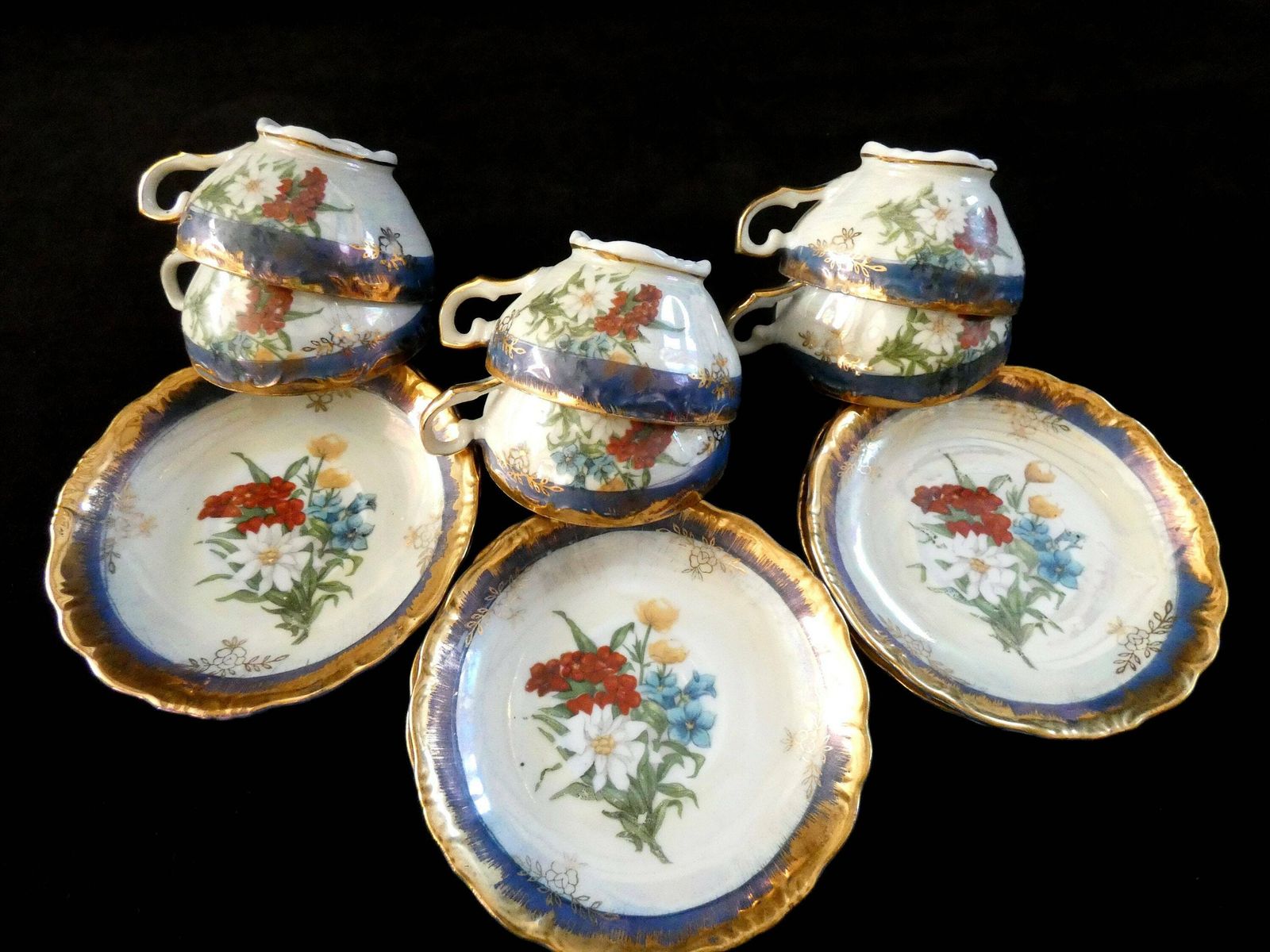 6 Antique French Coffee Cups Demitasse Porcelain Cups And Saucers Gold Edging Blue Red Yellow Flowers 1920s