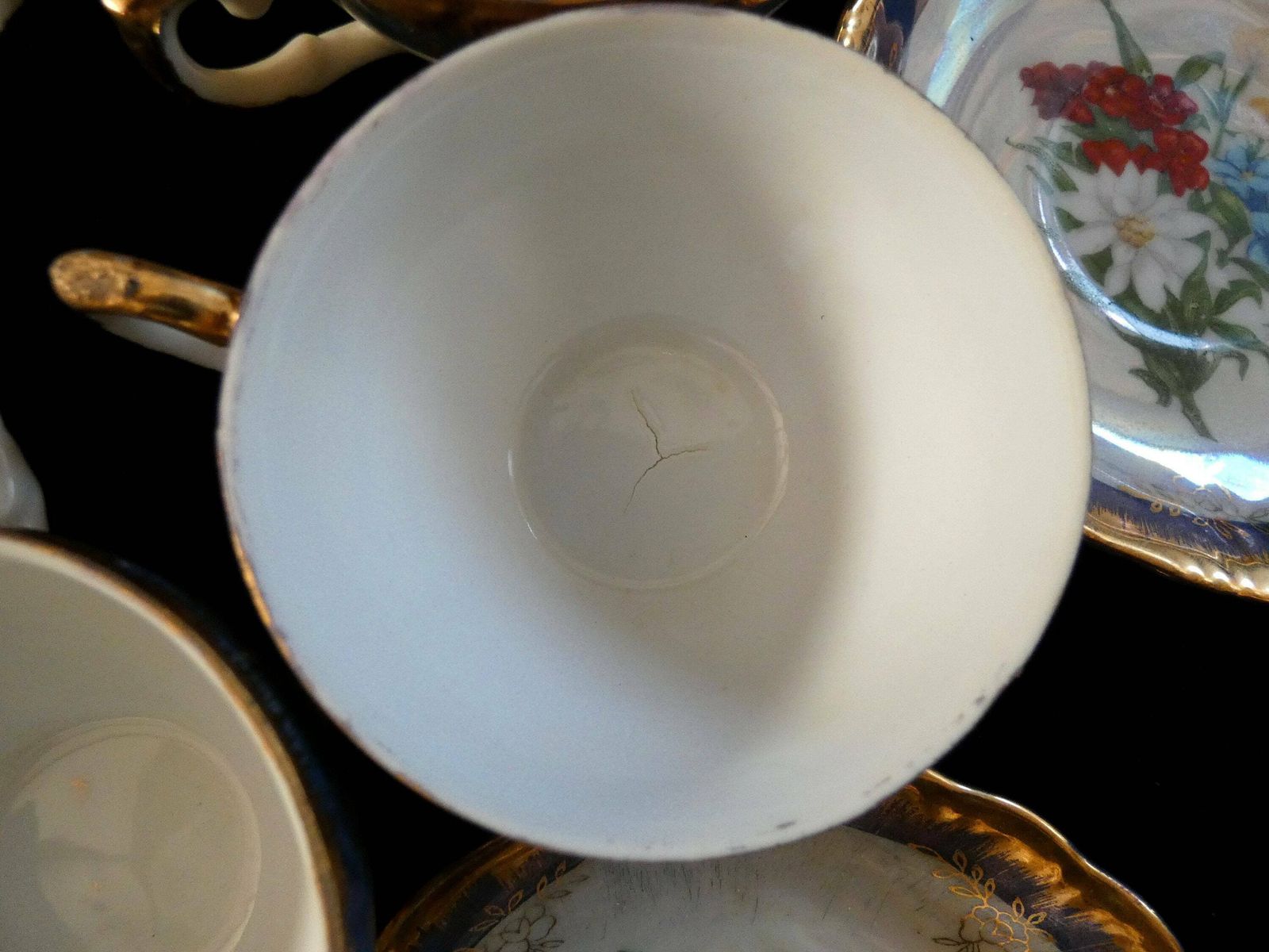 6 Antique French Coffee Cups Demitasse Porcelain Cups And Saucers Gold Edging Blue Red Yellow Flowers 1920s photo vinterior