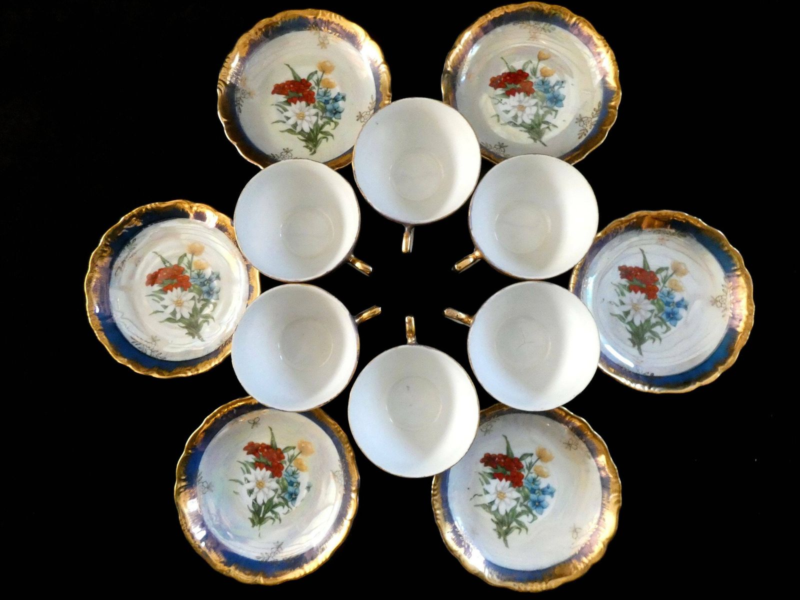 6 Antique French Coffee Cups Demitasse Porcelain Cups And Saucers Gold Edging Blue Red Yellow Flowers 1920s photo vintage