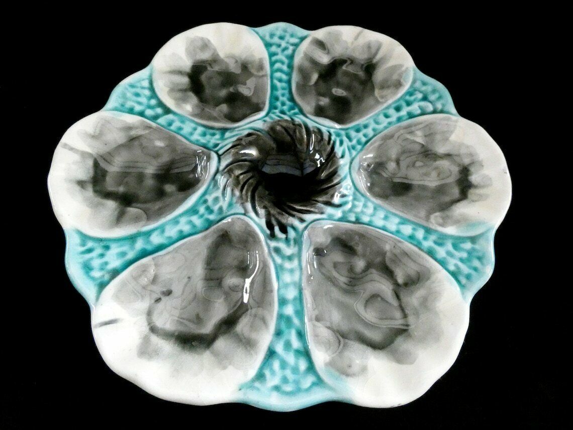 Antique Orchies Oyster Plate Rare French Majolica Oyster Platter Moulin Des Loups Turquoise White Gray Ceramics 1910 photo for sale