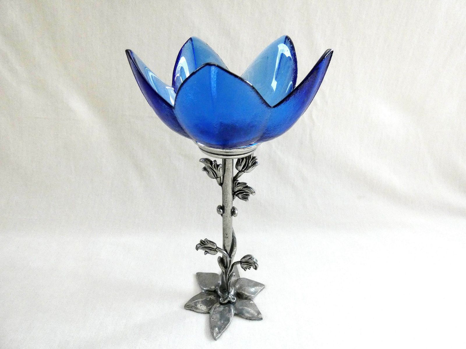 photo for sale 2 Vintage Jean Goardere Candlestick Holders French Cobalt Blue Crystal Glass Hammered Tin Mid Century Art Candle Holders Set