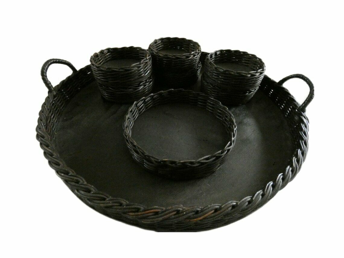 Large French Wicker Tray, Vintage Woven Rattan Platter, Rustic French Round Wicker Serving Set, Vintage French Wicker Basket photo Home Decor