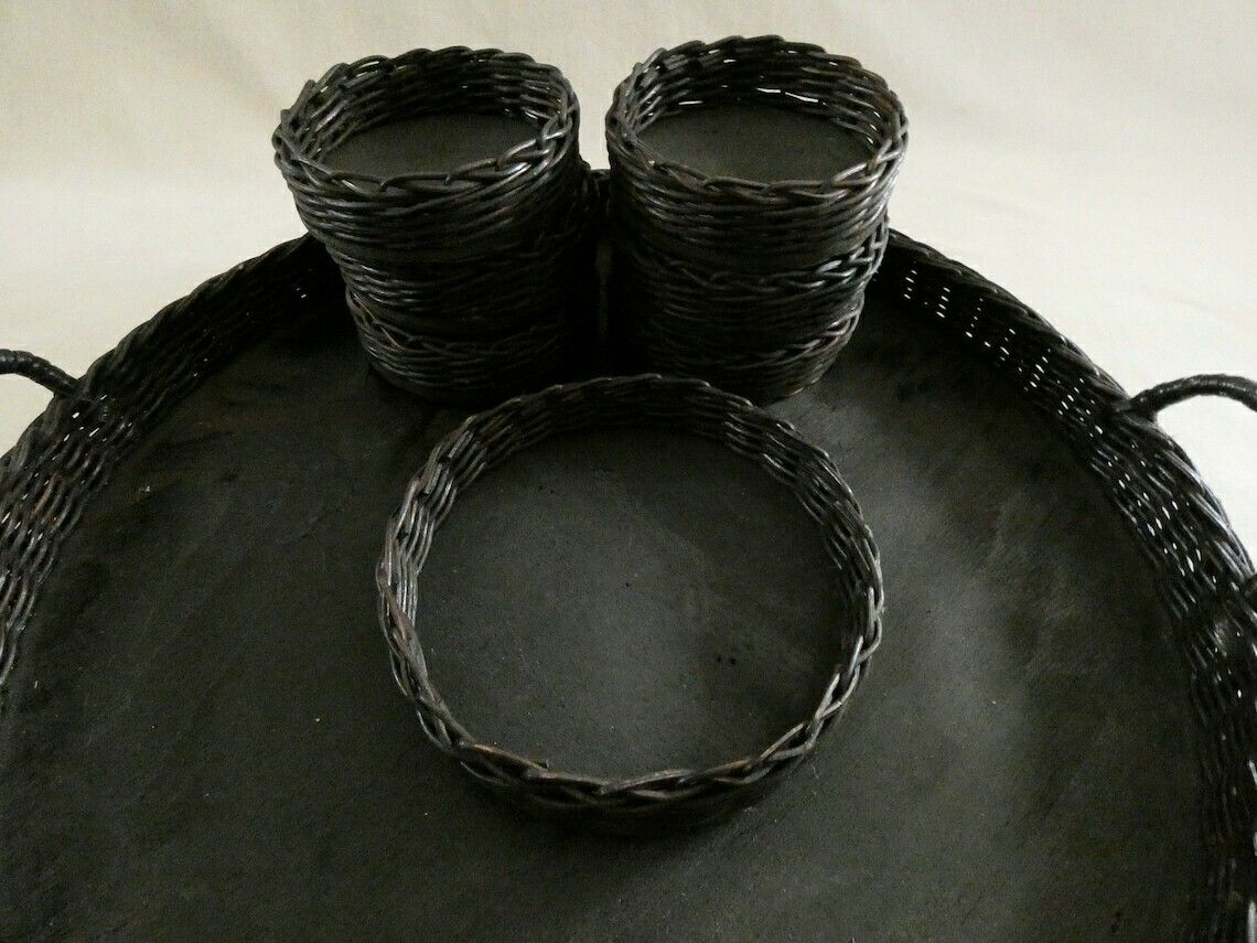 Large French Wicker Tray, Vintage Woven Rattan Platter, Rustic French Round Wicker Serving Set, Vintage French Wicker Basket photo vintage