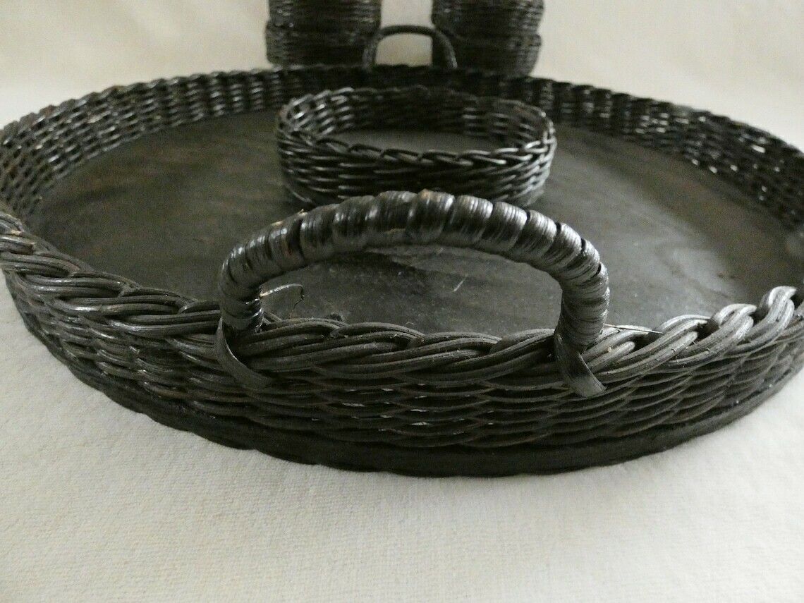 photo furniture Large French Wicker Tray, Vintage Woven Rattan Platter, Rustic French Round Wicker Serving Set, Vintage French Wicker Basket