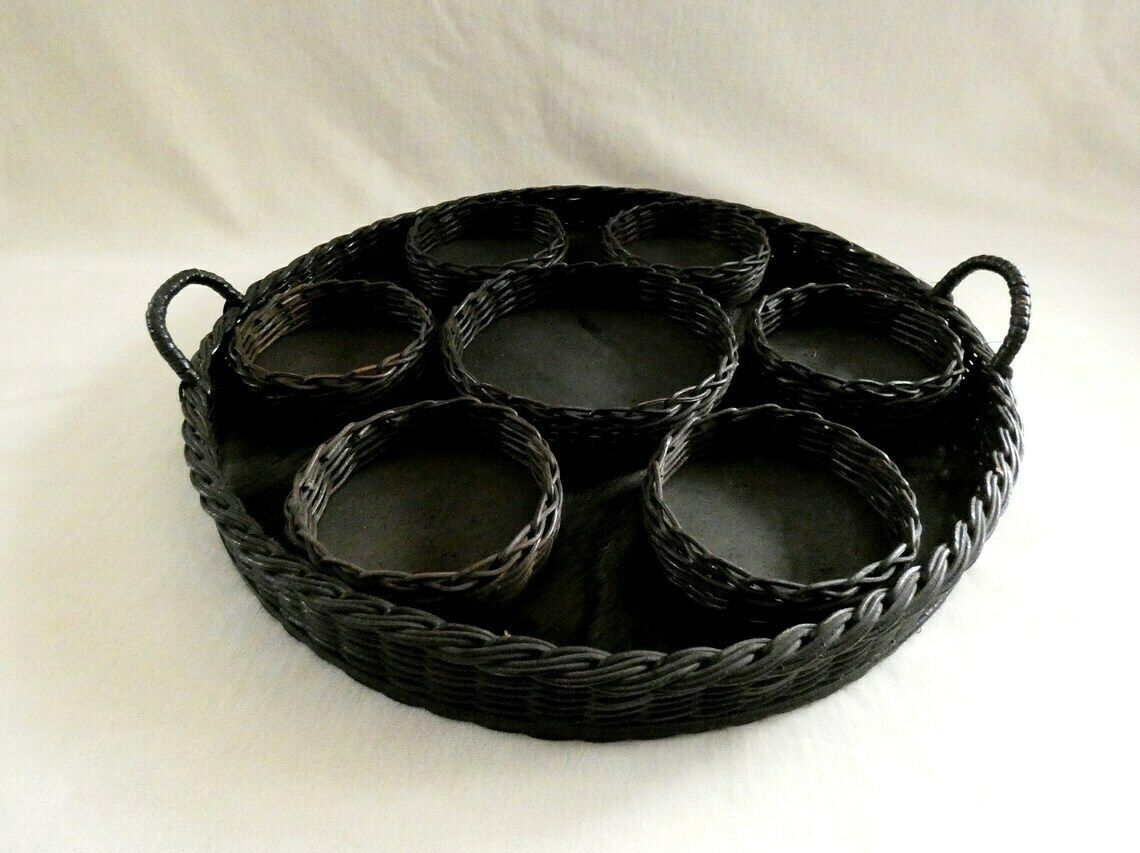 photo for sale Groot Frans Vlechtwerk Dienblad, Vintage Geweven Rotan Schaal, Rustiek Frans Rond Vlechtwerk Serveerservies, Vintage Franse Vlechtwerk Mand