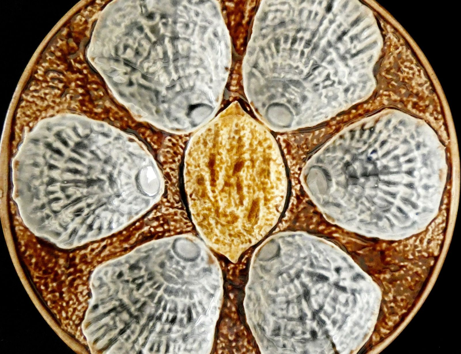 Antique French Provencal Oyster Plate Late 19th Century Brown Light Gray Yellow Majolica Palissy Ceramic Collector's Oyster Platter photo furniture
