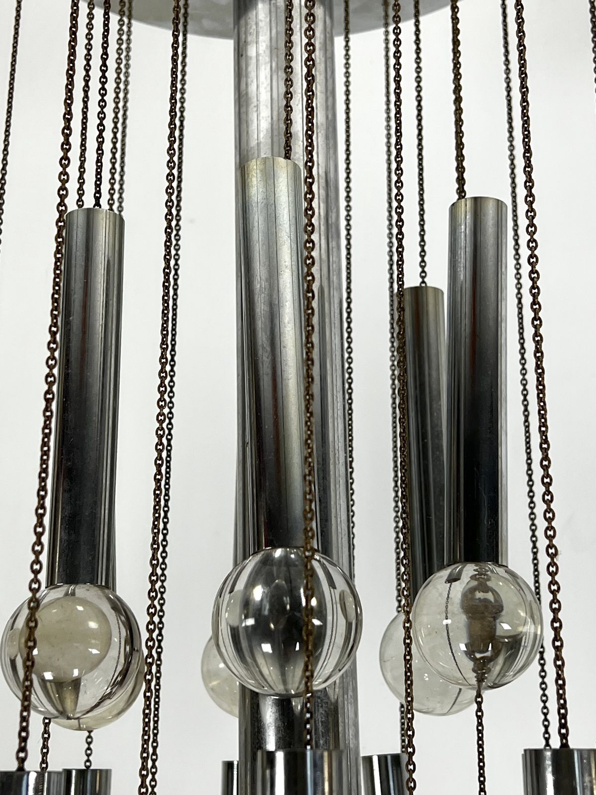 Sciolari, Iconic Glass Sphere And Chrome Chandelier. Italy 1960s photo for sale