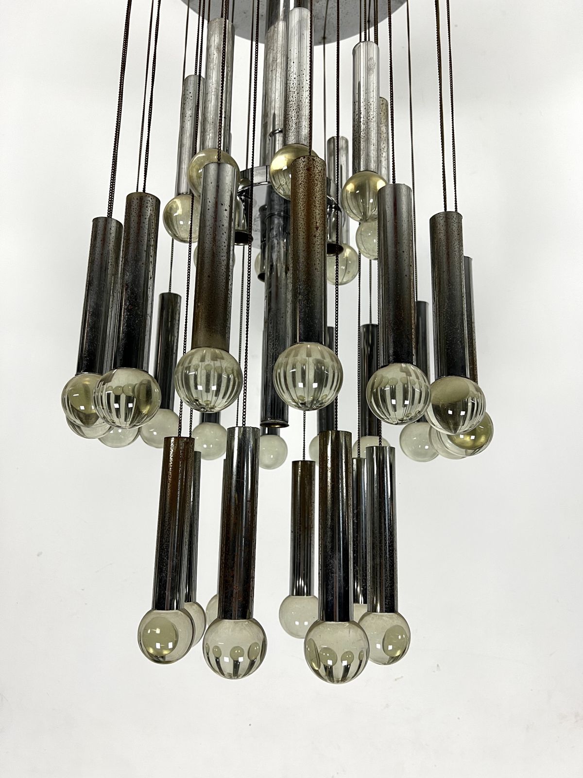 Mid  Century Glass And Chrome Chandelier By Sciolari. Italy 1960s photo for sale
