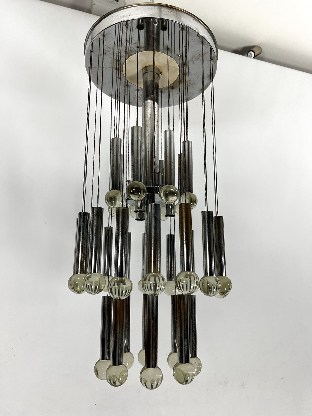 Mid  Century Glass And Chrome Chandelier By Sciolari. Italy 1960s photo buy