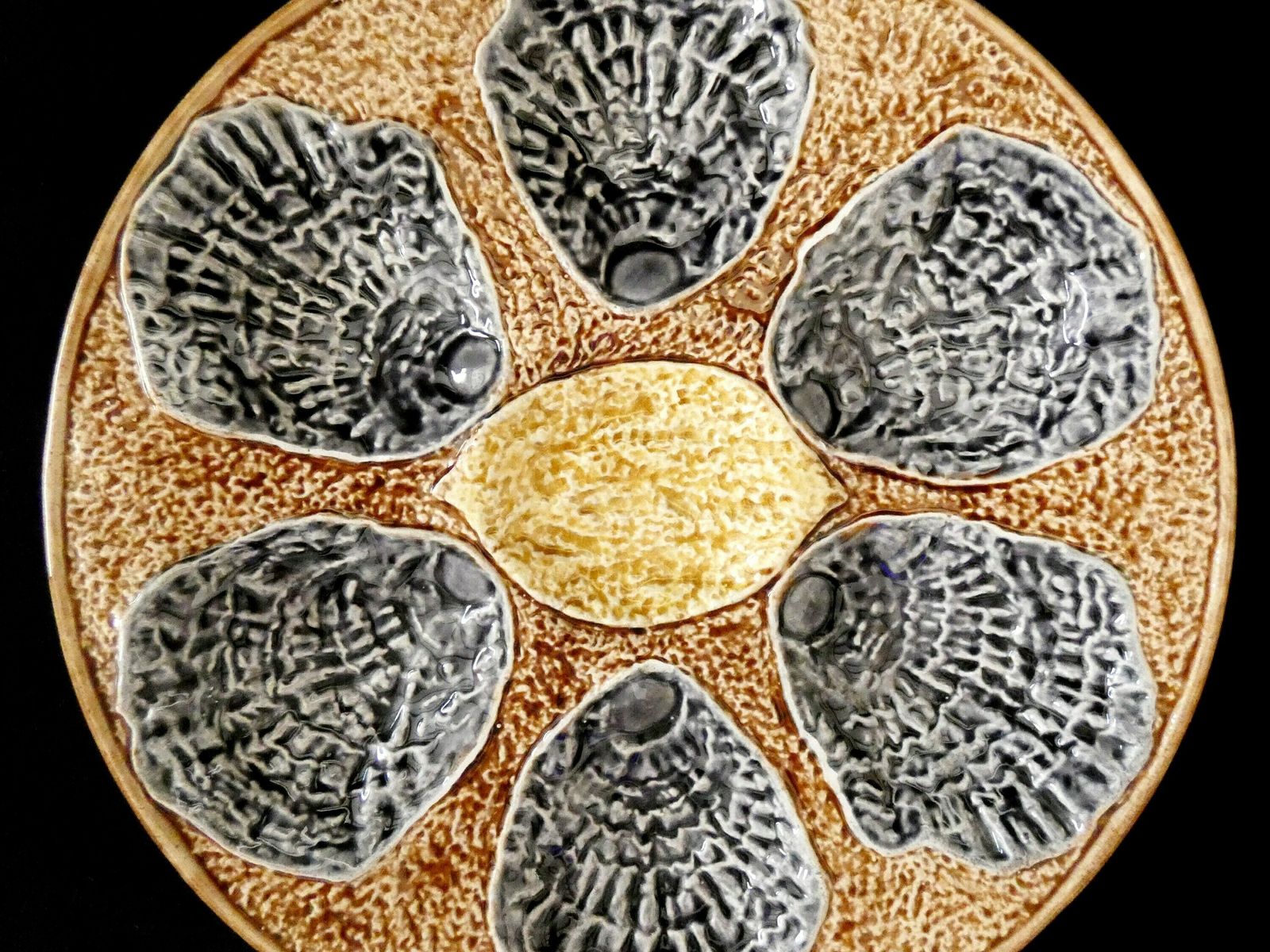 19th Century French Provencal Faience Oyster Plate Antique Rustic Palissy Brown Grey Yellow Majolica Oyster Platter photo furniture