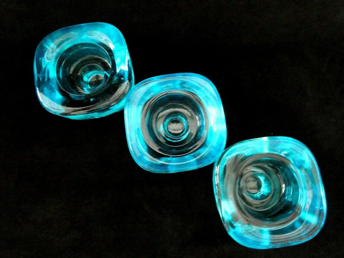 3 Vintage French Turquoise Glass Candlestick Holders, Art Deco Candlesticks, Retro Blue Tealight Holders , Aqua Taper Candles Holders photo buy