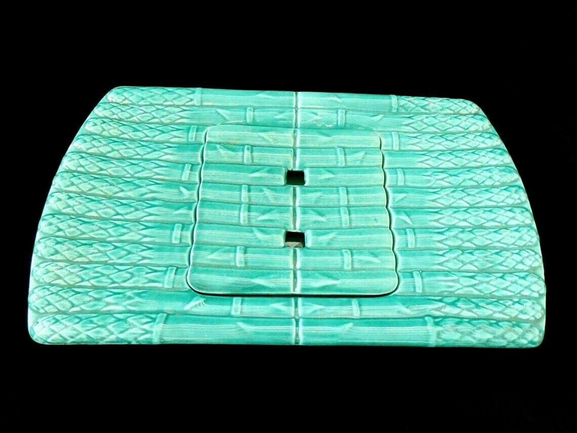Vintage Turquoise Asparagus Platter, French Majolica Asparagus Dish, Turquoise Barbotine Asparagus Plate, France 50s photo furniture