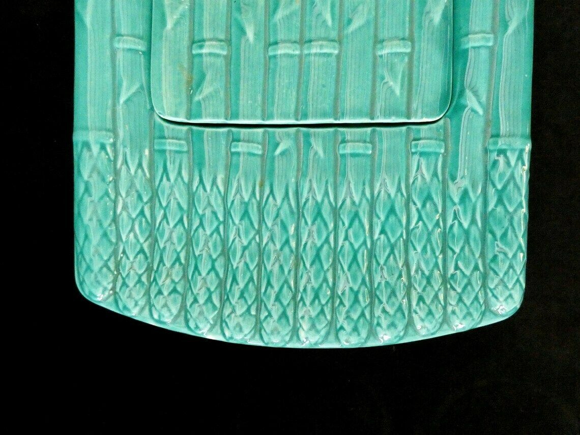 Vintage Turquoise Asparagus Platter, French Majolica Asparagus Dish, Turquoise Barbotine Asparagus Plate, France 50s photo 88.0