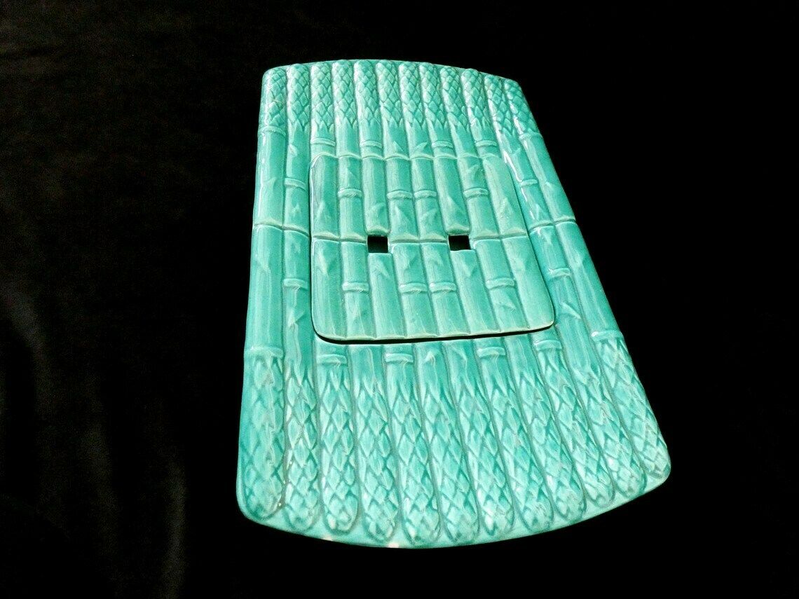 photo for sale Vintage Turquoise Asparagus Platter, French Majolica Asparagus Dish, Turquoise Barbotine Asparagus Plate, France 50s