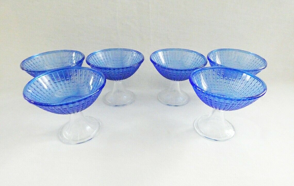 6 Vintage Blauwe Kristallen Ijscoupes Art Deco Puddingschalen Dessertserviesset Jaren 60 photo Woonaccessoires