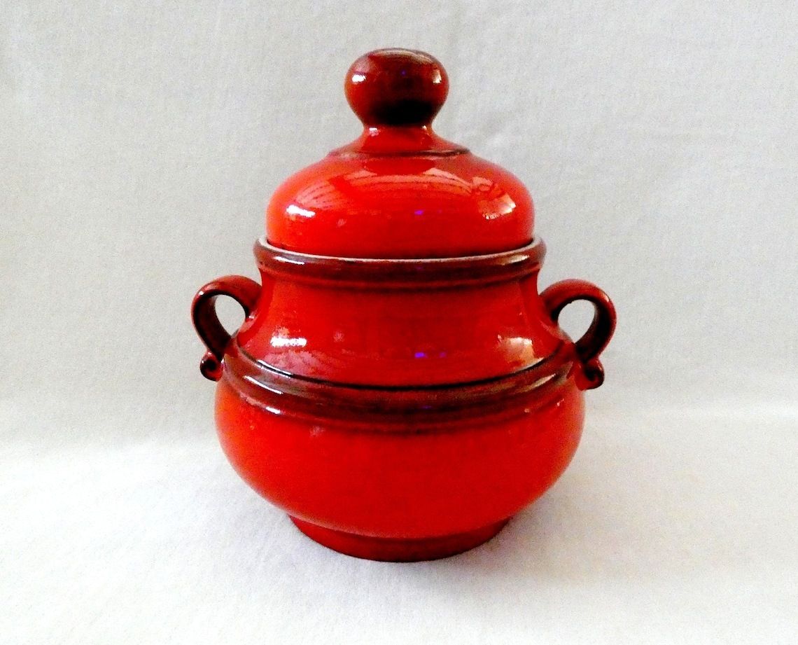 Large Vintage French Tureen, Red Ceramic Dinnerware, Mid Century Majolica Soup Tureen photo buy