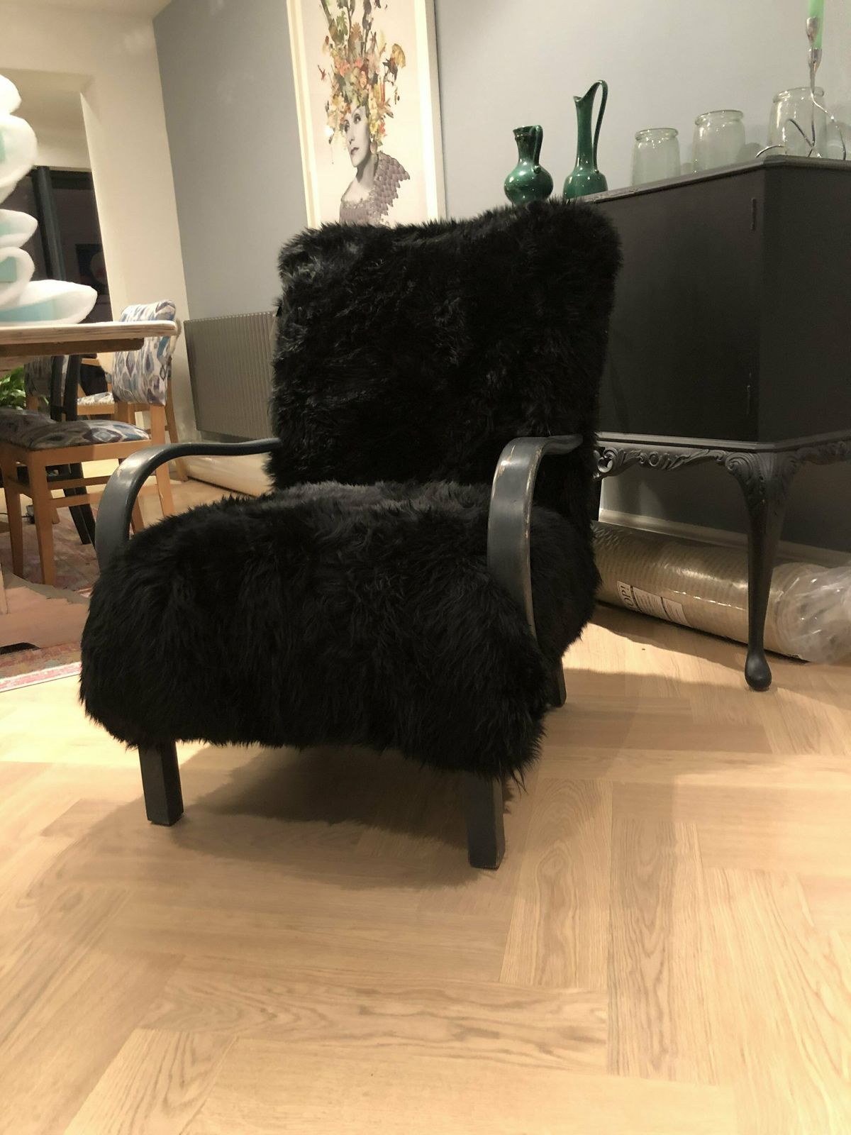 Black Sheepskin Chair, Genuine Sheepskin, Black Sheepskin Armchair, Bentwood Chair, Halabala Style , Black Sheepskin Chair, Sheepskin Chair. photo for sale