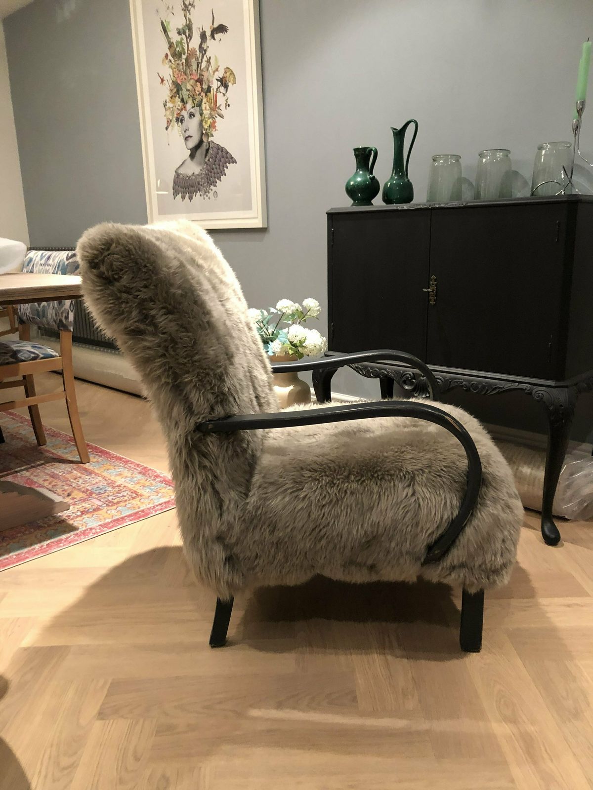 photo for sale Black Sheepskin Chair, Genuine Sheepskin, Black Sheepskin Armchair, Bentwood Chair, Halabala Style , Black Sheepskin Chair, Sheepskin Chair.