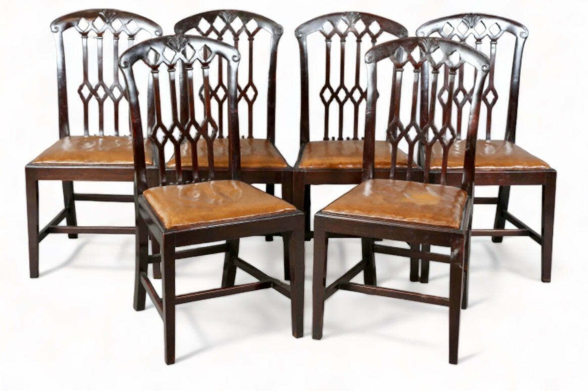 Exceptional Set Of Eight Georgian English Country House Carved Mahogany & Supple Aged Leather Chippendale Dining Chairs Circa 1830 photo furniture