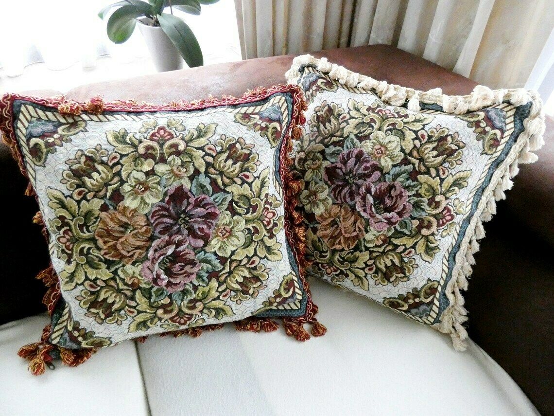 Vintage Large Country Tapestry Cushion Cover, Authentic French Floral Pillow, Tassels And Fringe Pillow, Vintage French Home Decor photo 153.0
