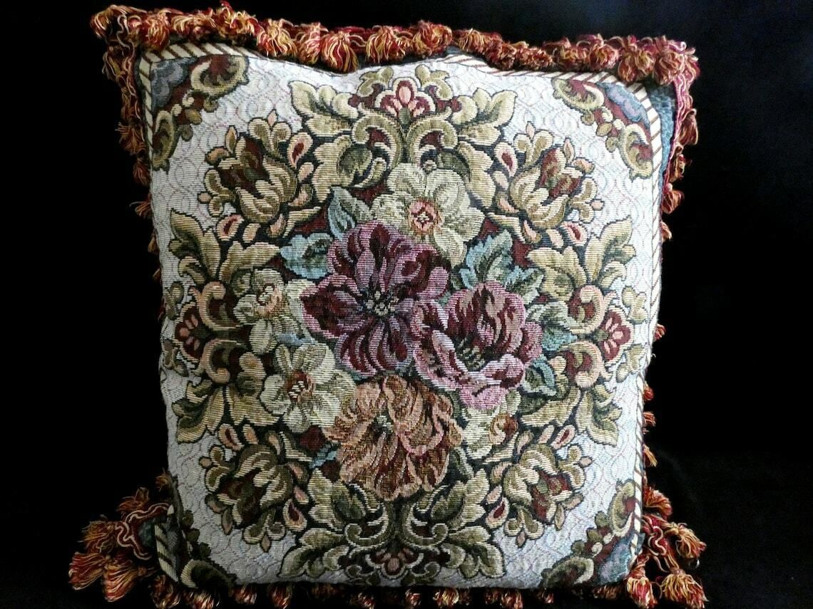Vintage Large Country Tapestry Cushion Cover, Authentic French Floral Pillow, Tassels And Fringe Pillow, Vintage French Home Decor photo vinterior