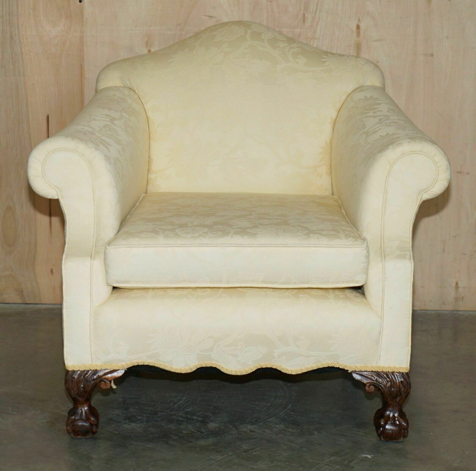 Pair Of Antique Edwardian 1910 Hand Carved Claw & Ball Feet Fabric Armchairs photo Furniture