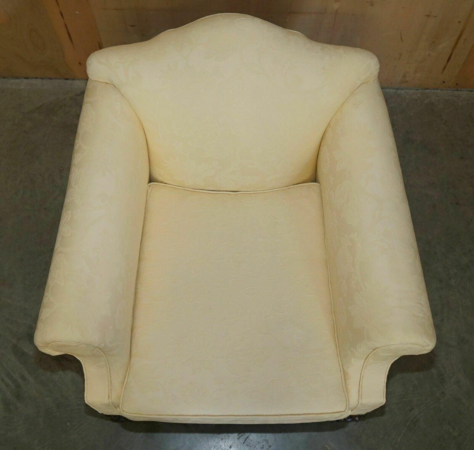 photo furniture Pair Of Antique Edwardian 1910 Hand Carved Claw & Ball Feet Fabric Armchairs