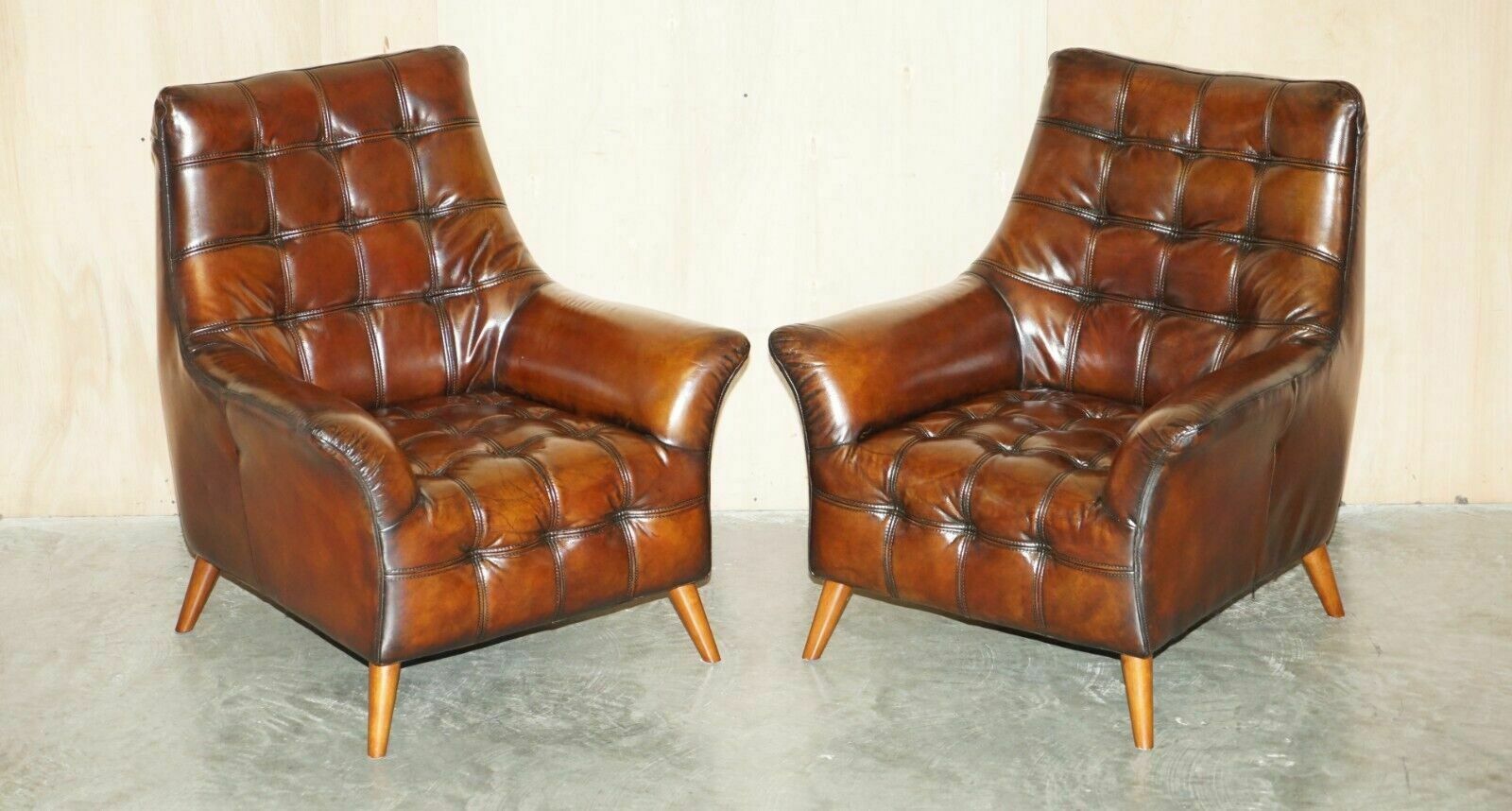 Pair Of Fully Restored Hand Dyed Chesterfield Whisky Brown Leather Armchairs