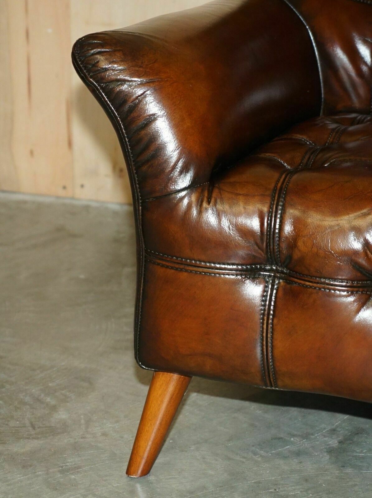 photo for sale Pair Of Fully Restored Hand Dyed Chesterfield Whisky Brown Leather Armchairs