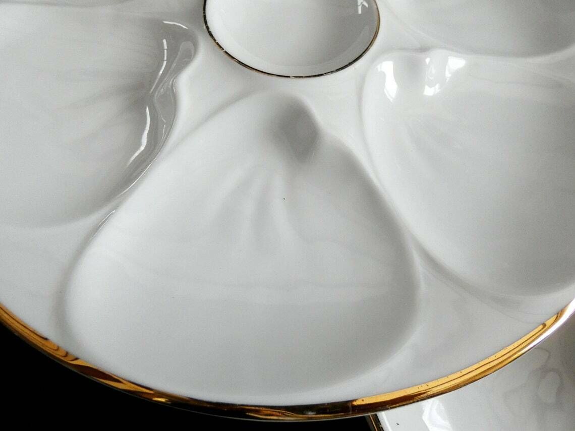 6 Vintage Bavaria Edelstein Oesterborden – Wit Porselein Met Gouden Rand – Duits Aardewerk, Jaren 1930 photo Woonaccessoires