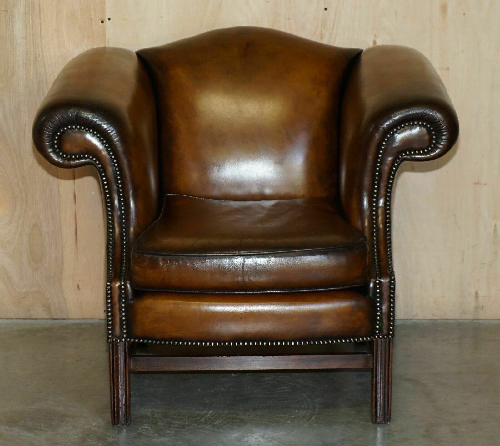 photo buy Fine Antique Regency Humpback Style Restored Brown Leather Sofa Armchair Suite