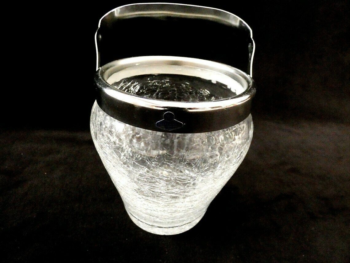 Vintage Crackled Glass Ice Bucket Demeyere, Bar Accessories Demeyere Crystal Ice Bucket, Barware Belgium 1950s photo vinterior