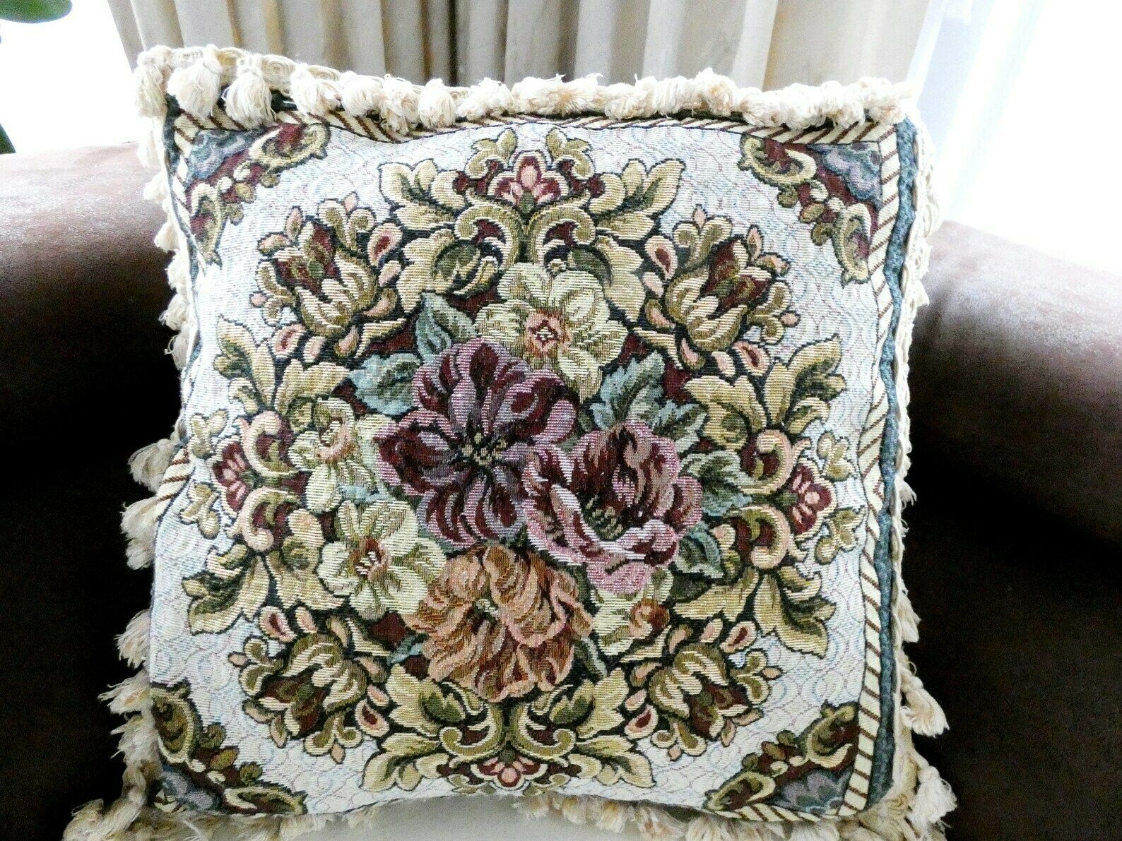 Vintage French Country Sofa Cushion, Tapestry Pillow, Tassels And Fringe Floral Pillow, Mid Century Home Decor France photo furniture