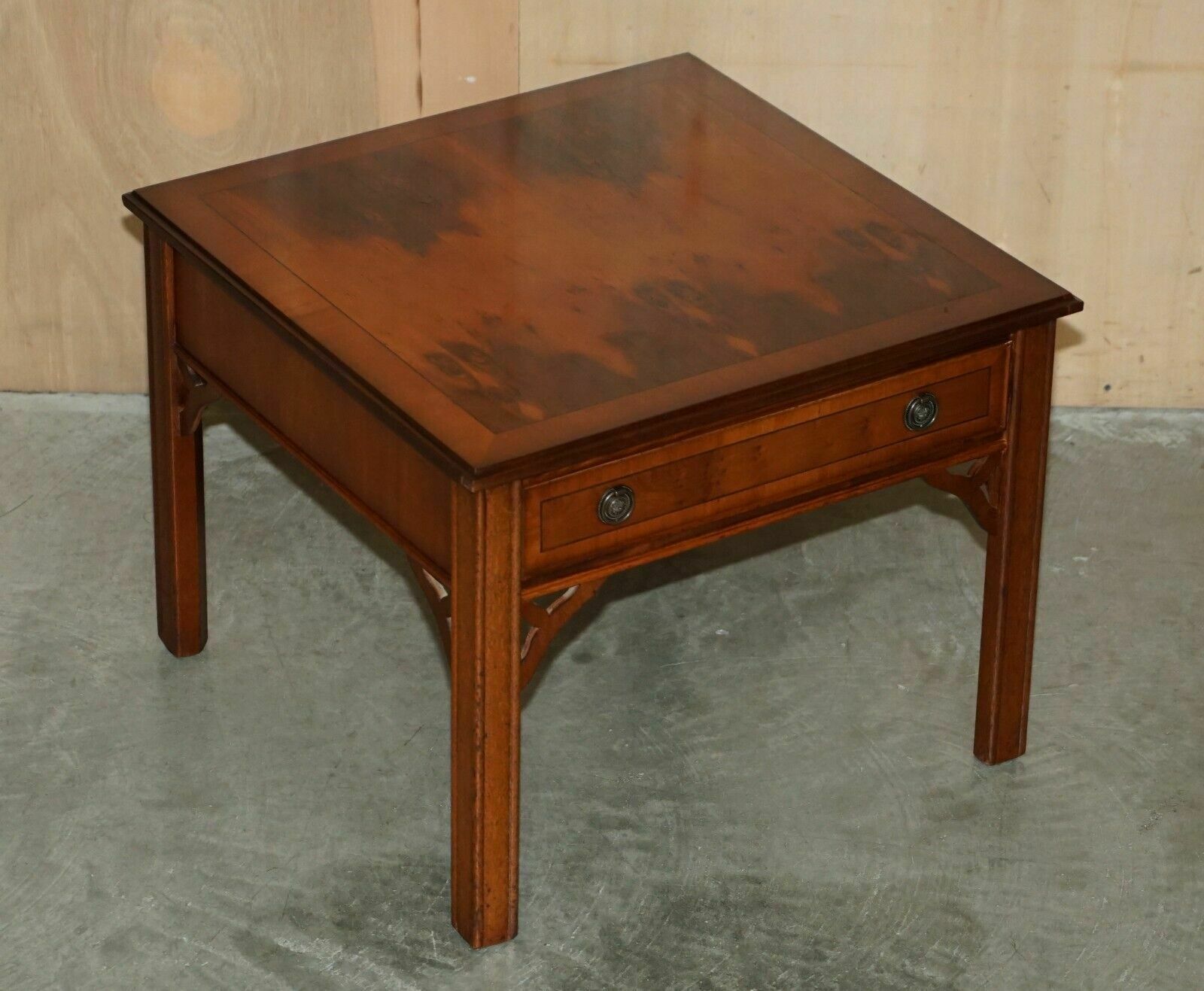 Lovely Pair Of Burr Yew Wood Side End Lamp Wine Tables With Large Single Drawers photo for sale