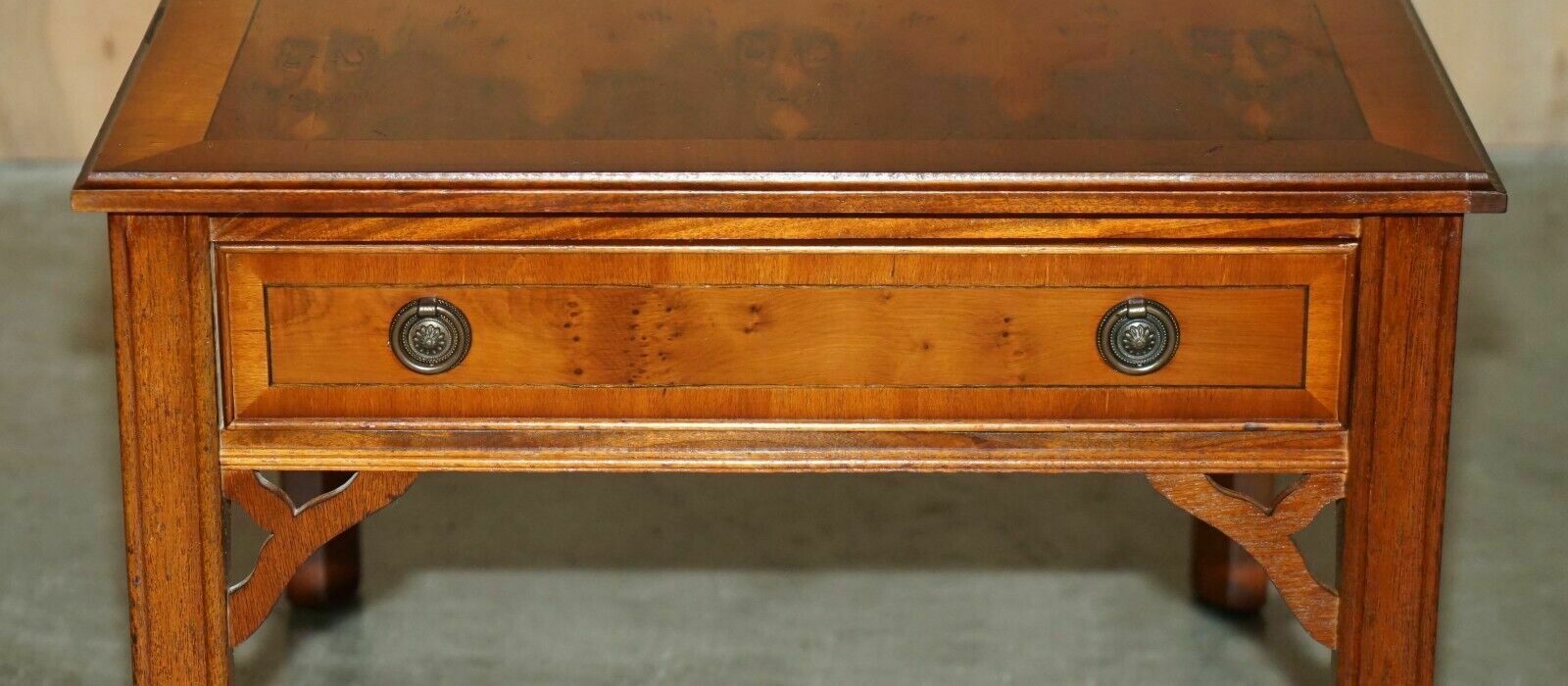 Lovely Pair Of Burr Yew Wood Side End Lamp Wine Tables With Large Single Drawers photo 1350.0