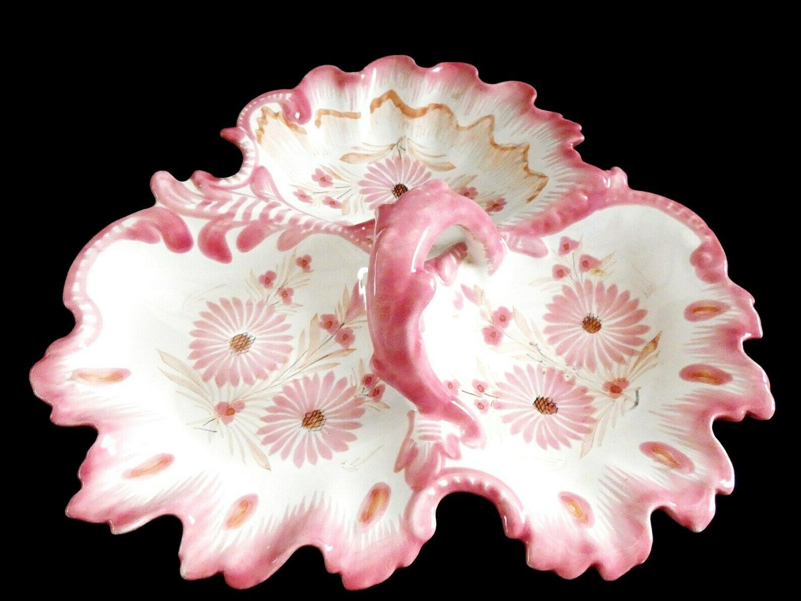 Large Quimper Serving Bowl Pink White Majolica Ceramic Plate Mid Century Decorative Hand Painted French Art Pottery
