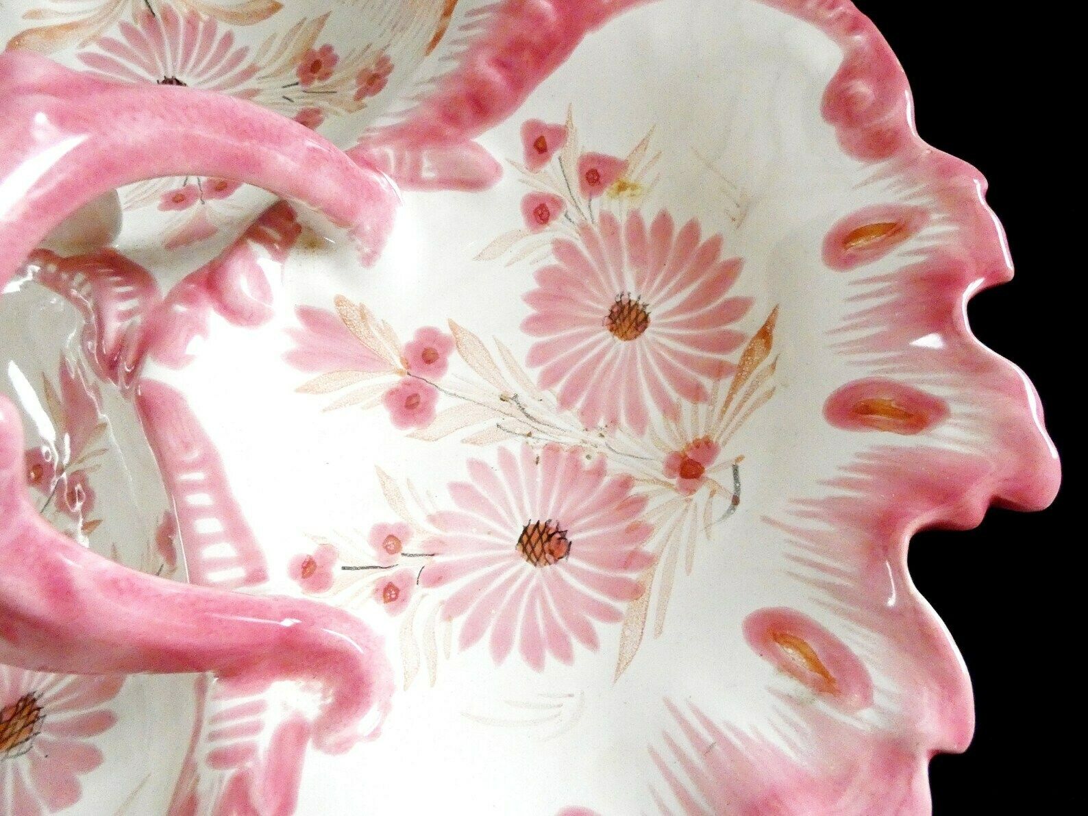 Large Quimper Serving Bowl Pink White Majolica Ceramic Plate Mid Century Decorative Hand Painted French Art Pottery photo for sale