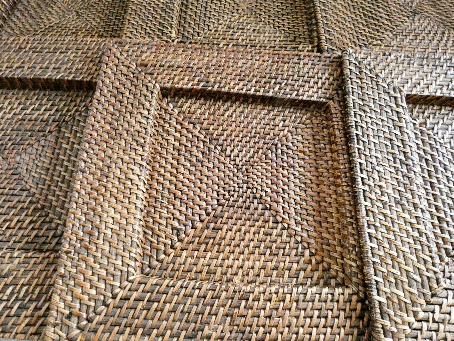 Vintage Rattan Chargers Plates, Wicker Square Placemats, French Weave Pads, Boho Table Decor 70s photo vinterior