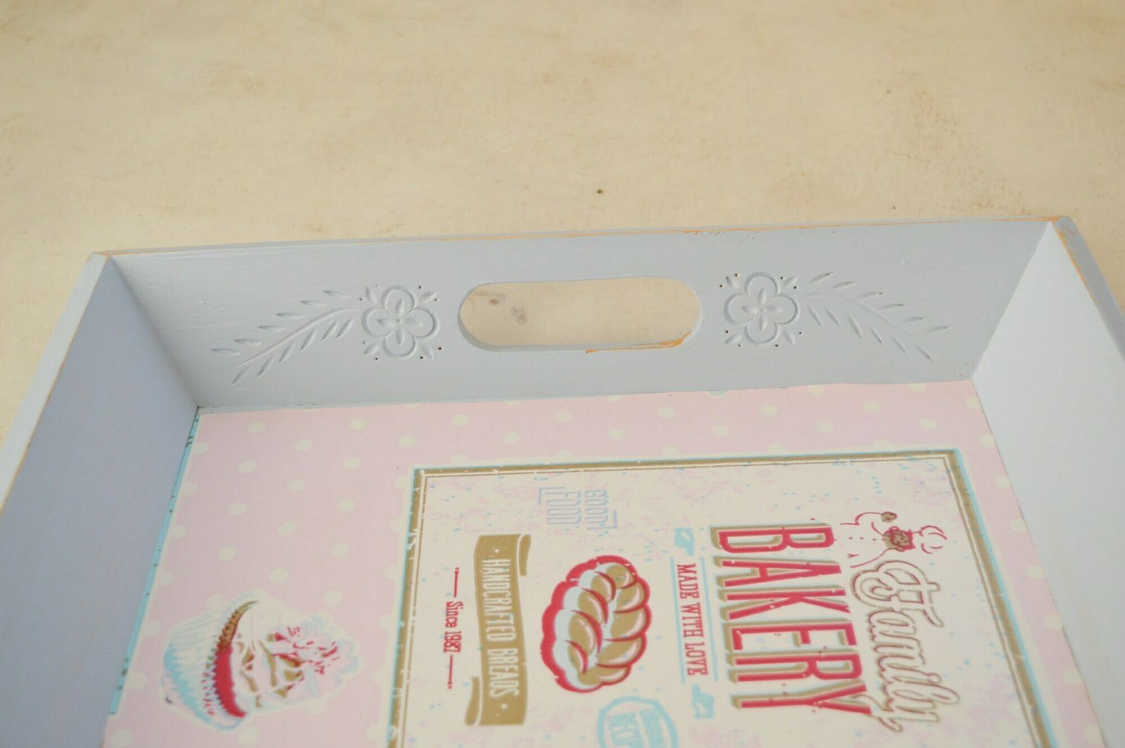 Large Hand Painted Duck Egg Tray With Carved Flower Design, Shabby Chic Bakery Decoupage Wooden Decorative Tray photo buy