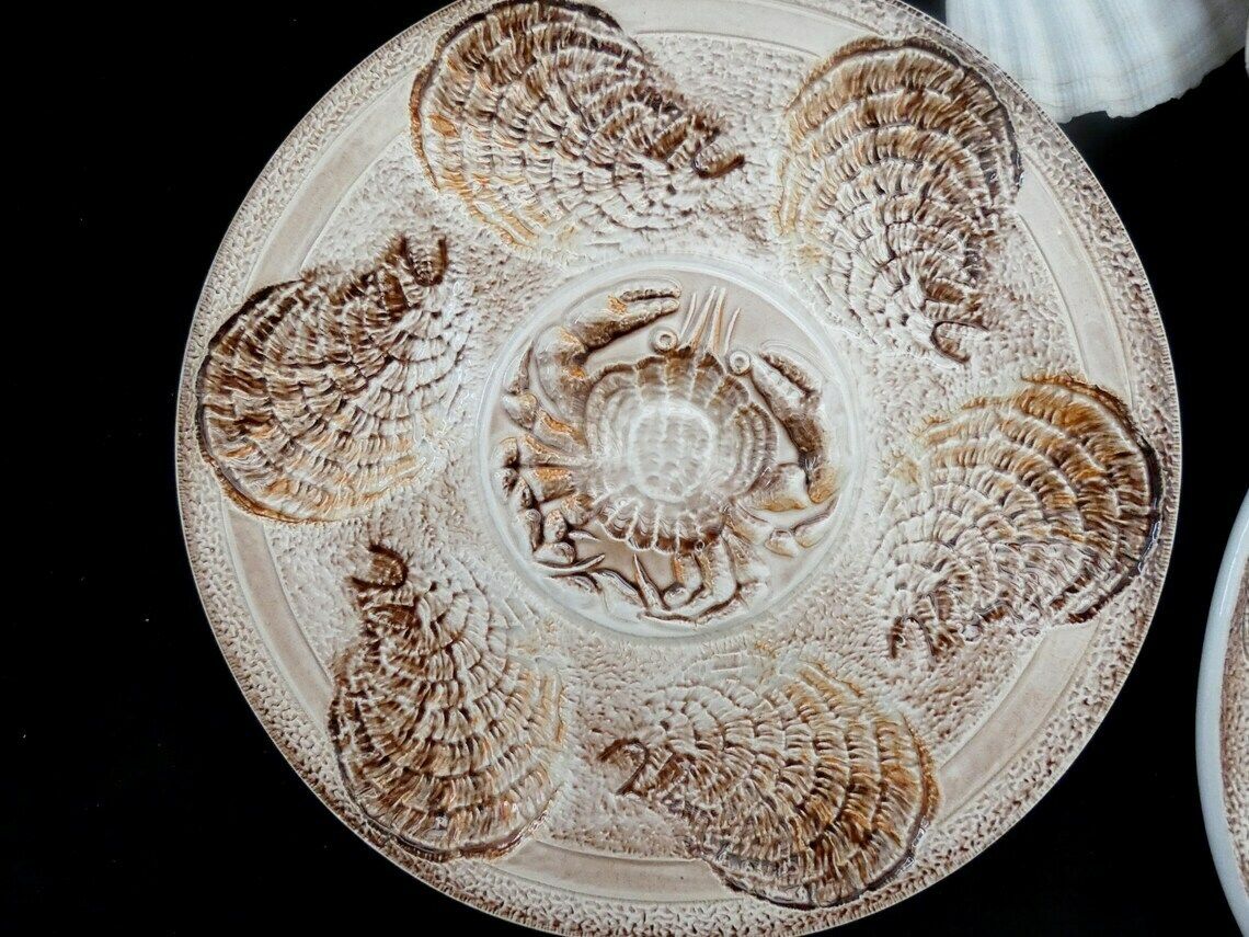 6 Digoin Sarreguemines Oyster Plates, Vintage French Oyster Platters, Majolica Pottery Sarreguemines Oyster Plates, France 60s photo 195.0
