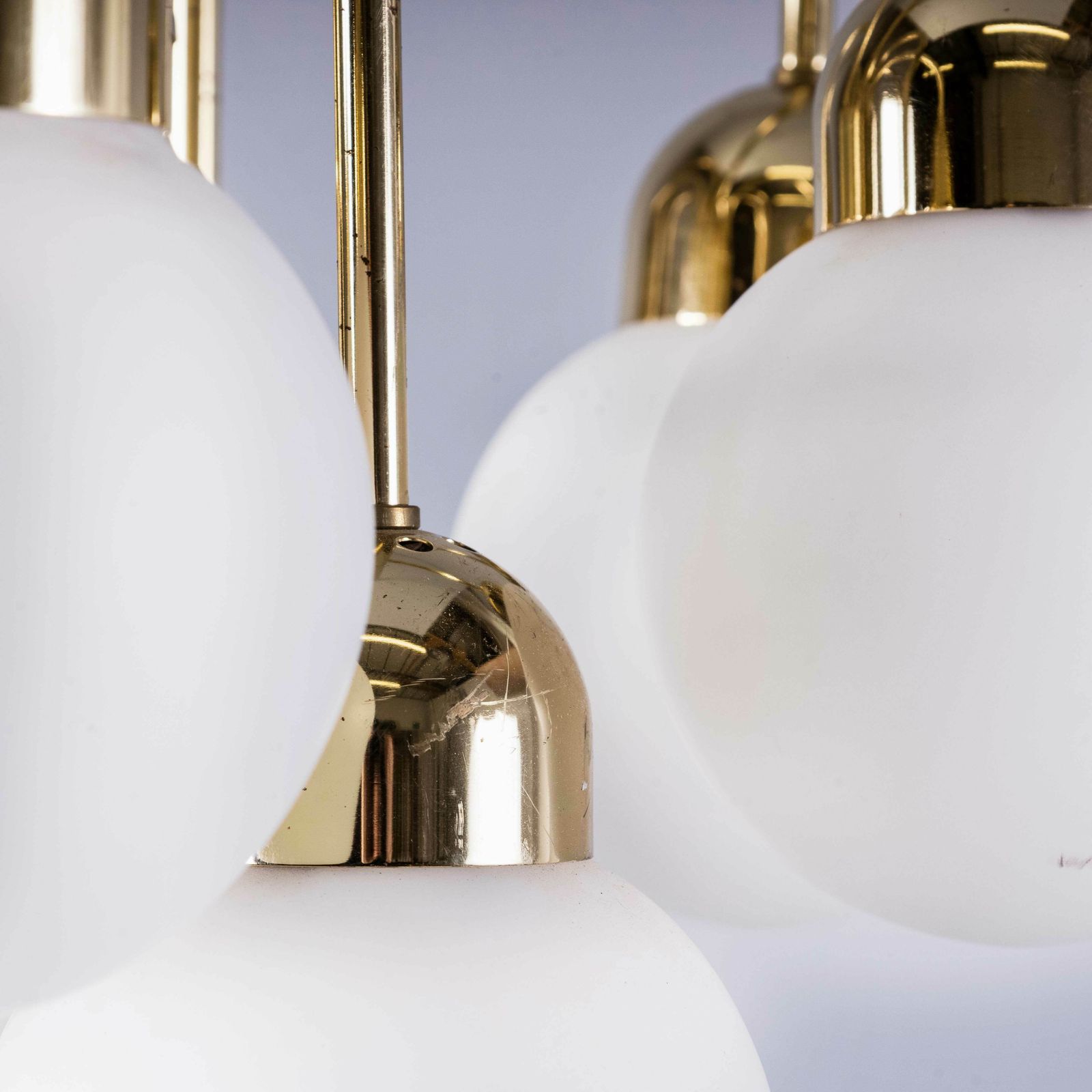 photo for sale 1950’s Original Brass And Opal Globe Pendant Chandelier