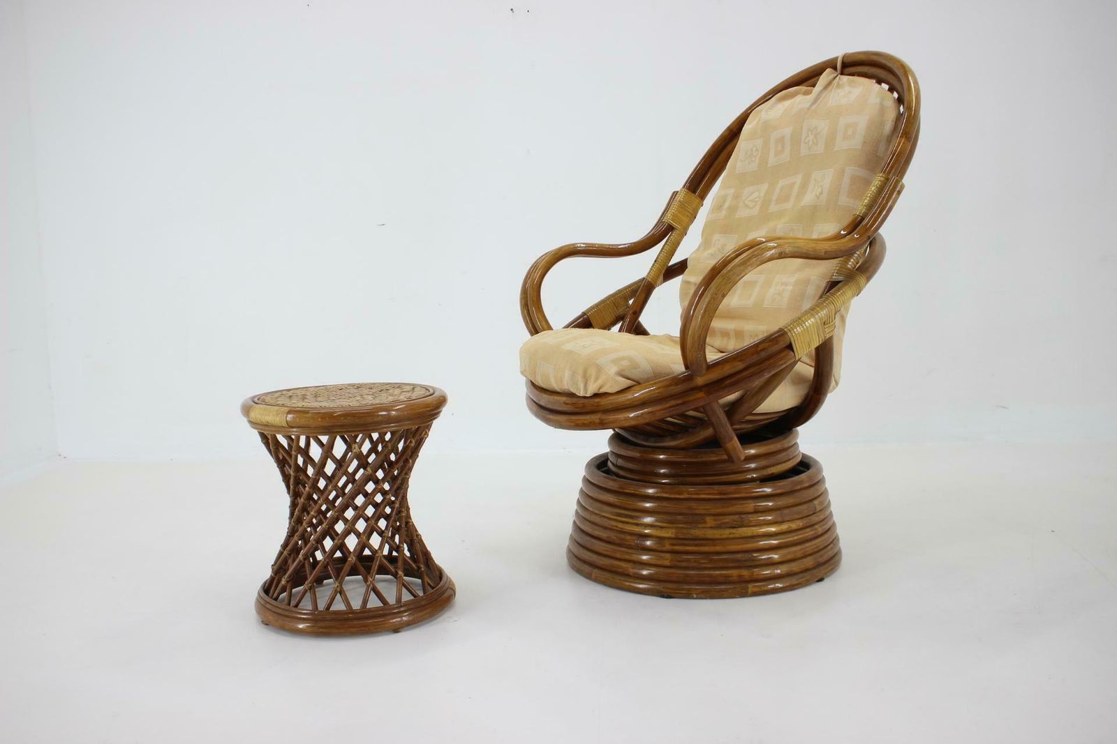 1980s Rattan Armchair And Stool photo for sale