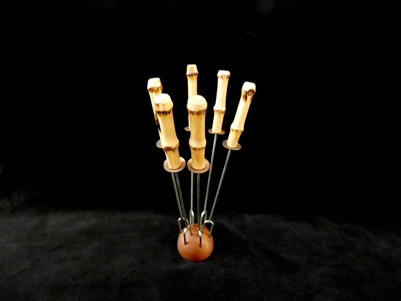 6 Fonduevorkjes Met Bamboegreep, Handgemaakt Van Bamboe En Roestvrij Staal, Franse Tafelaccessoires Jaren 1960