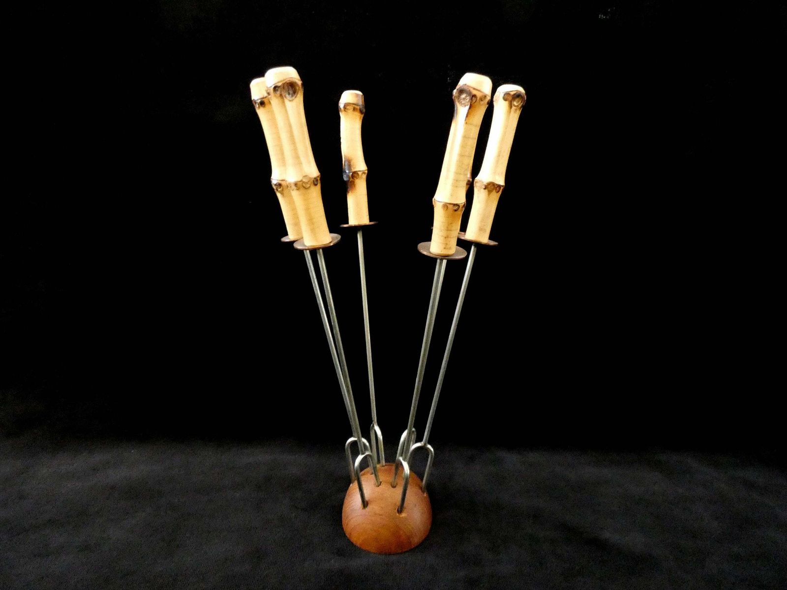 6 Bamboo Handle Fondue Forks, Handmade Bamboo Cutlery And Stainless Steel, France Table Decor 60s photo vintage