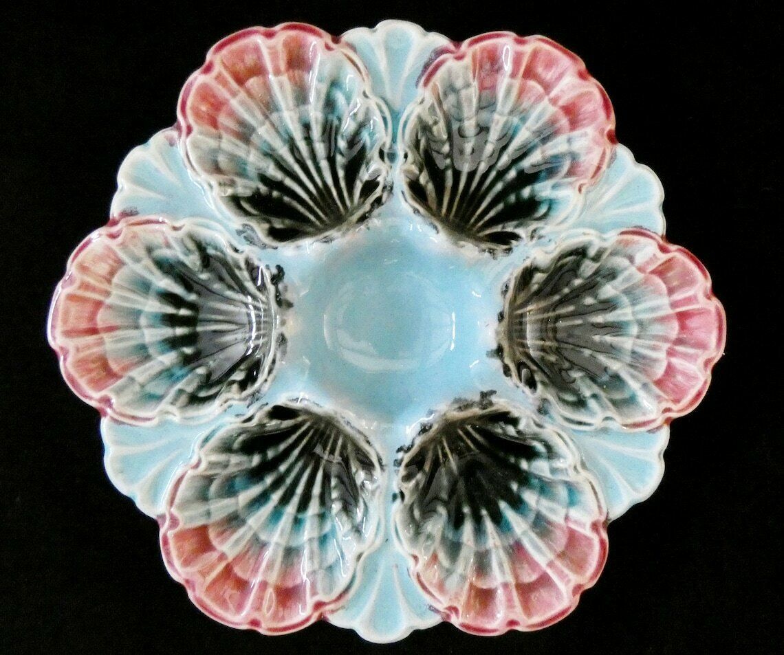 Antique France Fives Lille Oyster Plate Circa 1890, Majolica Turquoise Oyster Platter, Rare Collector's Plate