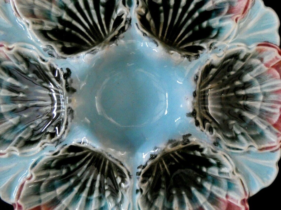 Antique France Fives Lille Oyster Plate Circa 1890, Majolica Turquoise Oyster Platter, Rare Collector's Plate photo vintage
