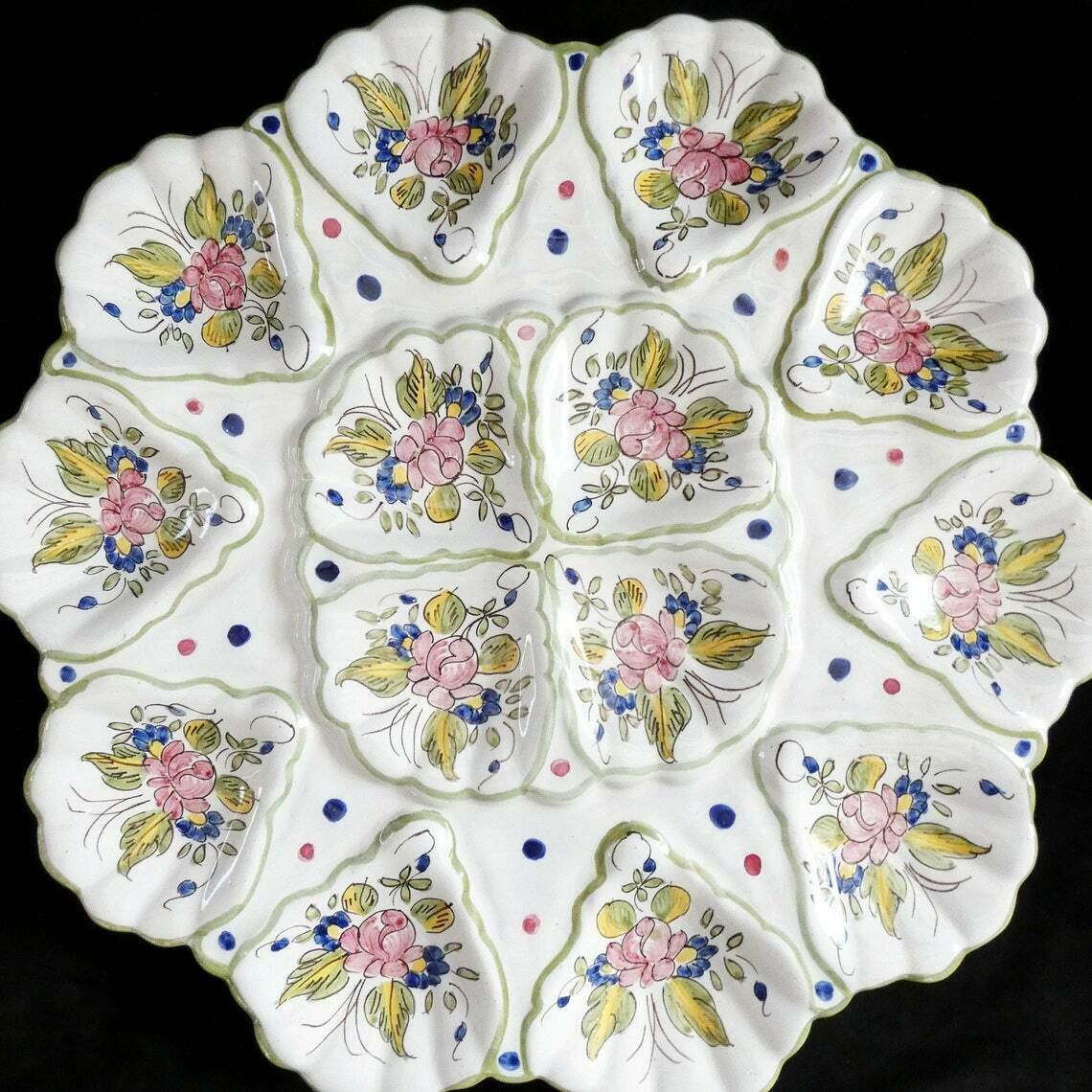 Rare Large Moustiers Martres Tolosane Oyster Platter Floral Oyster Plate, Antique Majolica Oyster Platter, M Tolosane Pottery, France 40s