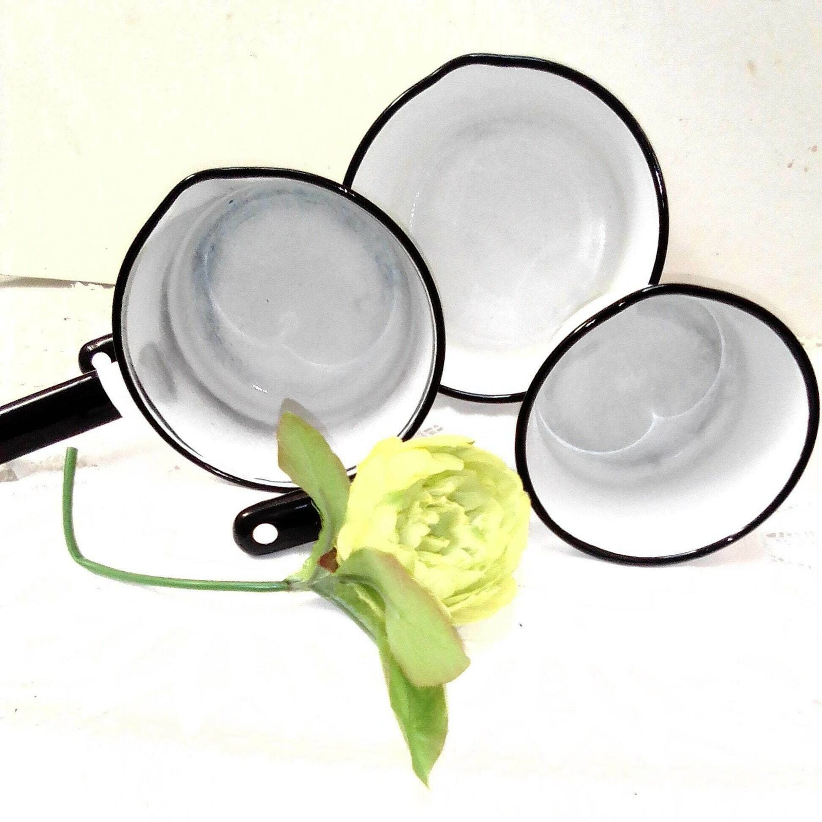 3 Vintage French White Enamel Pans, Retro 1950s Stove Top Saucepan Set, White Kitchen Decor photo furniture