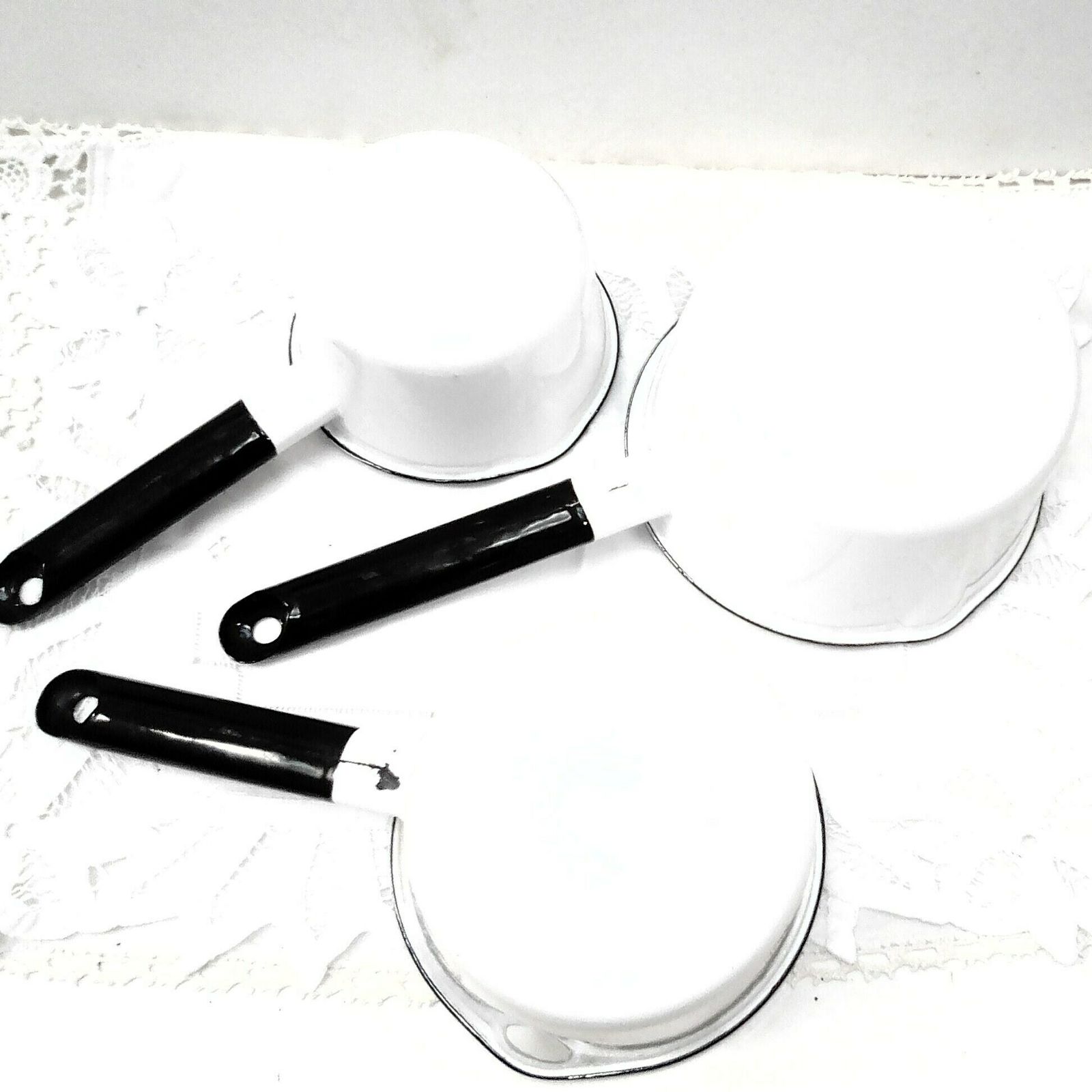 photo furniture 3 Vintage French White Enamel Pans, Retro 1950s Stove Top Saucepan Set, White Kitchen Decor