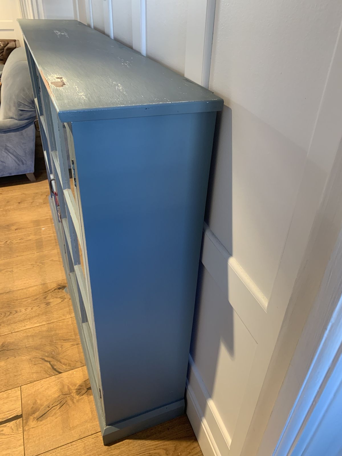 Vintage Wooden Display Cabinet Painted In A Distressed Look Using Farrow And Ball Incyra Blue. Decorative Farrow And Ball Paper To The Rear Internal Walls Using Double Sided Tape Which Can Easily Be Removed photo Furniture